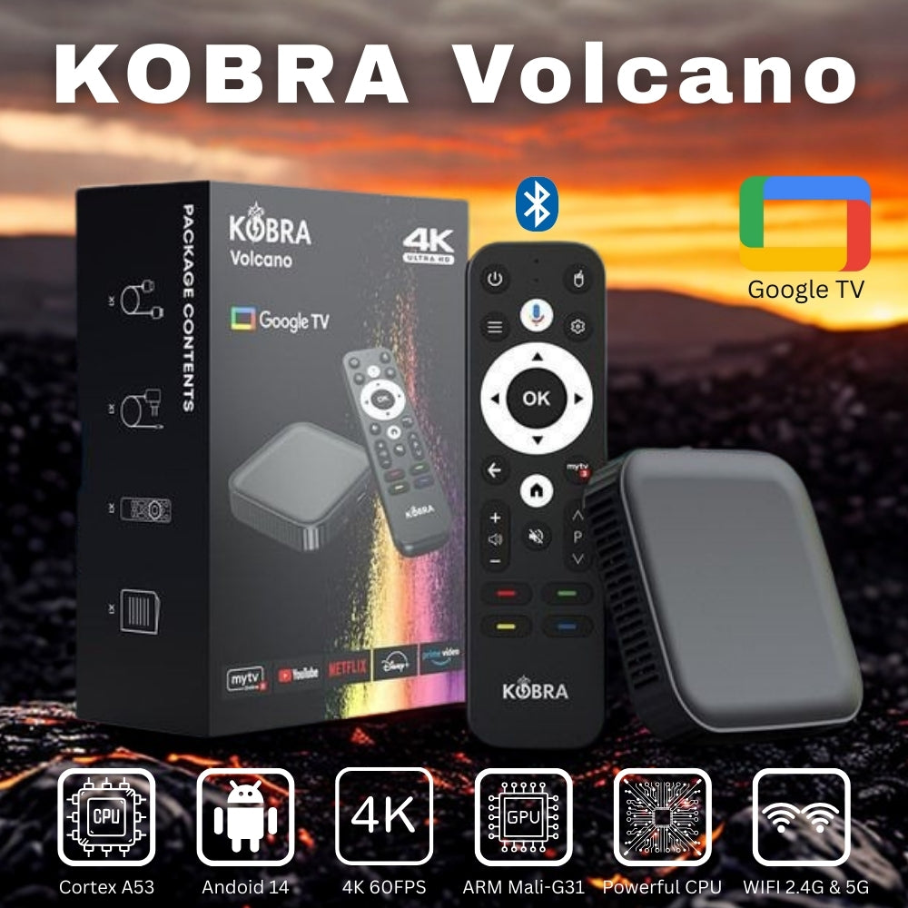 Kobra Volcano product packaging with remote control and device on a fiery background