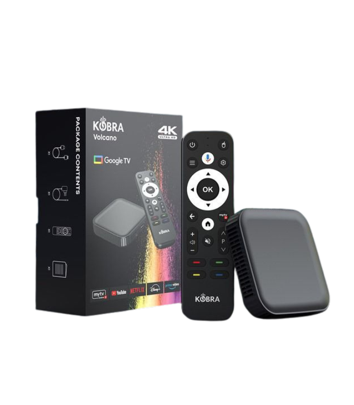 Kobra Volcano TV package with remote control and device on a white background