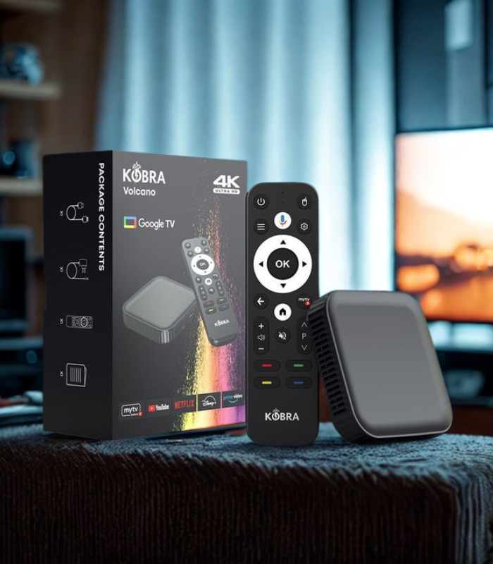 Kobra Volcano 4K streaming device packaging with remote control and device on a surface.
