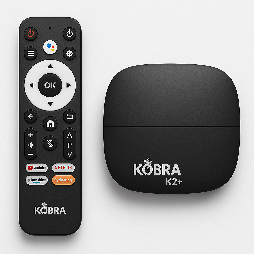Kobra K2+ device and remote control on a white background