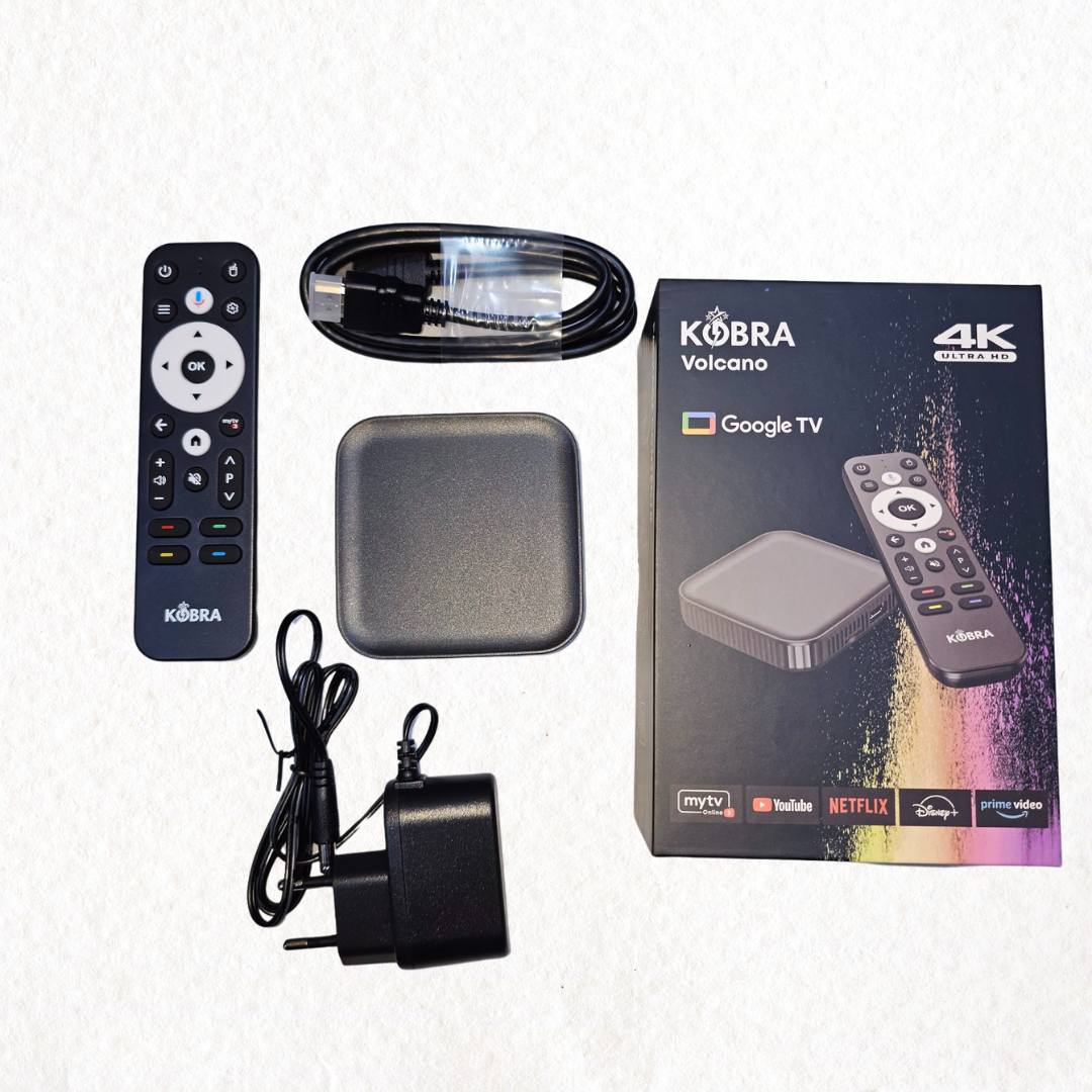 Kobra Volcano Google TV box with remote, power adapter, and cables on a white background